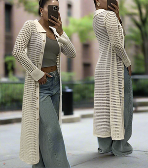 Button Down Long Crochet Knit Maxi Dress or Jacket in Beige