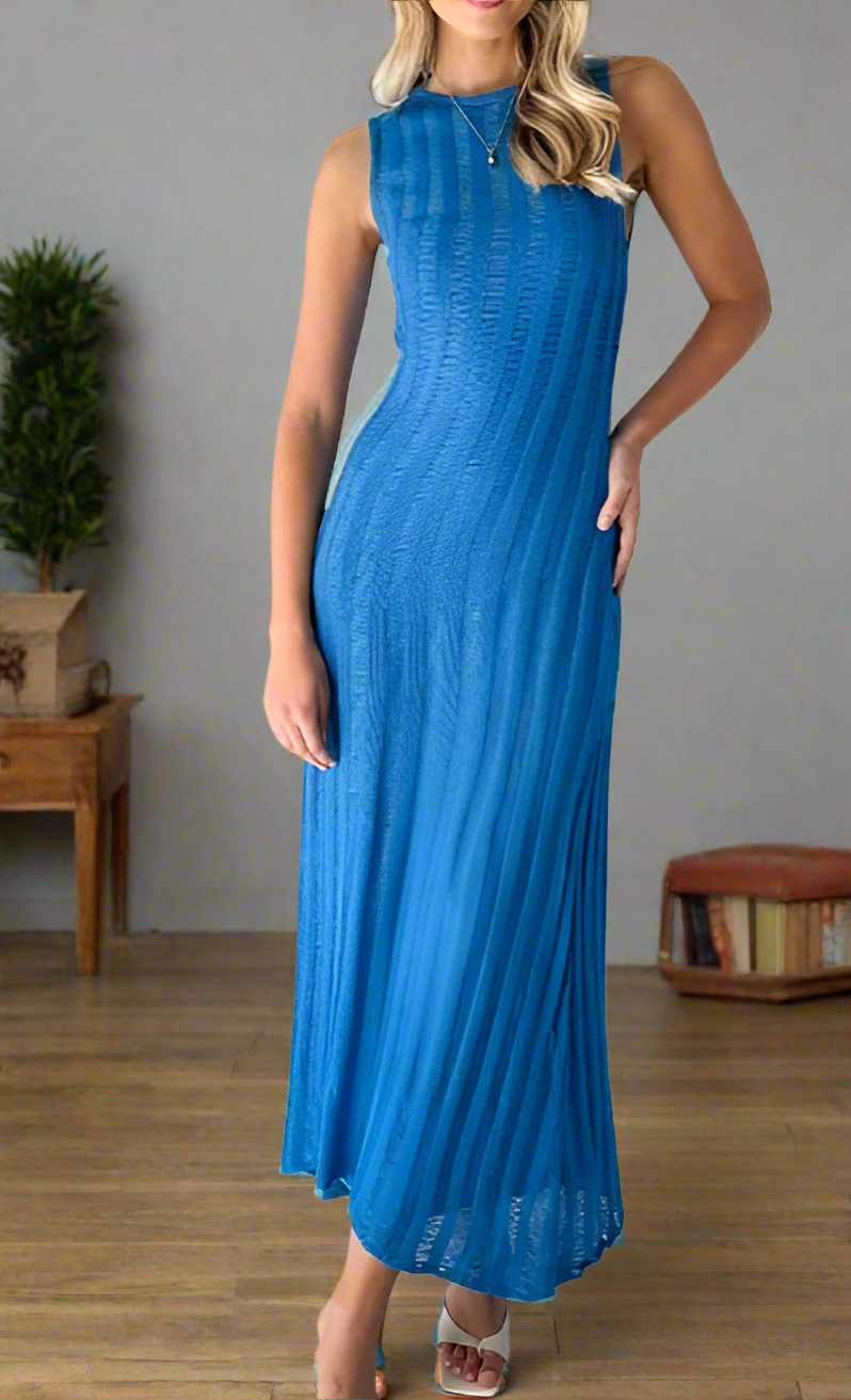 Sleeveless Knit Maxi Dress / Beach Cover Up in Blue