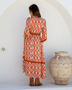 Kimono Sleeve Gypsy Maxi Dress in Geo Orange Print