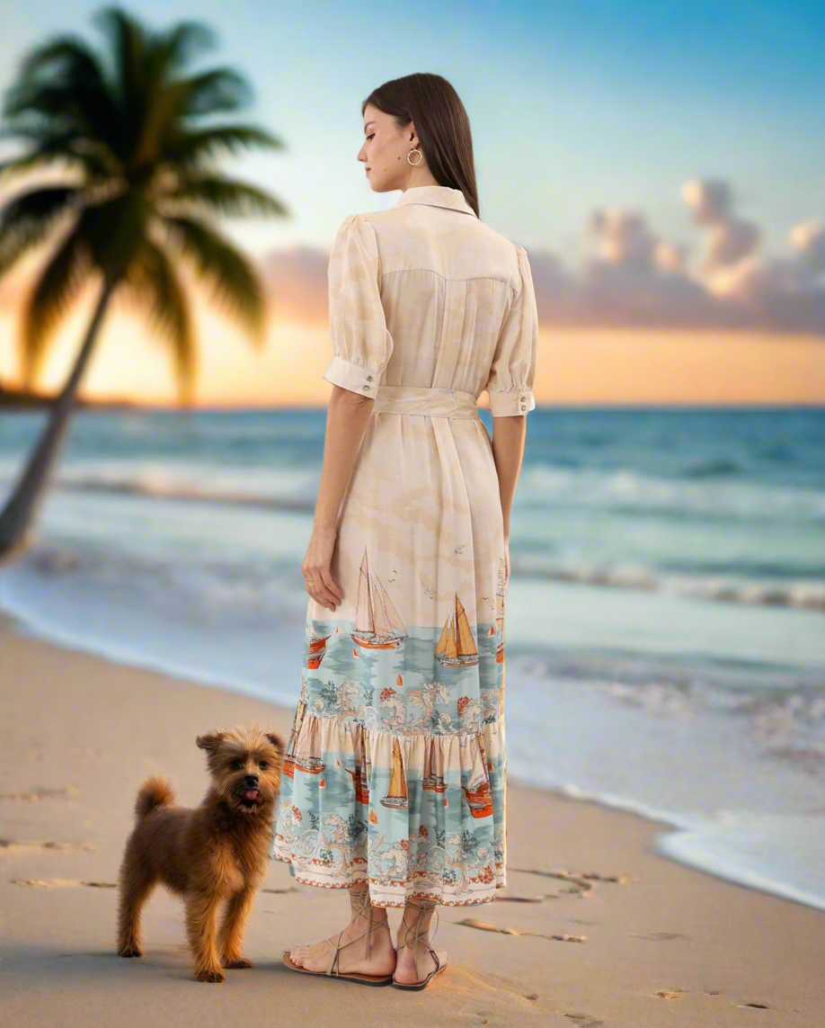 Button Down Maxi Dress in Horses & Resort Print