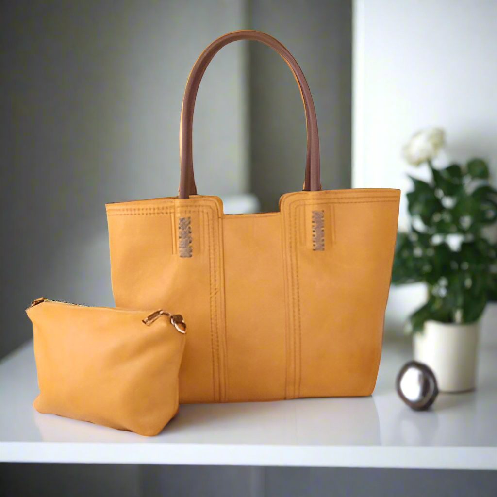 Large H Bag & Cosmetic Purse in Mustard
