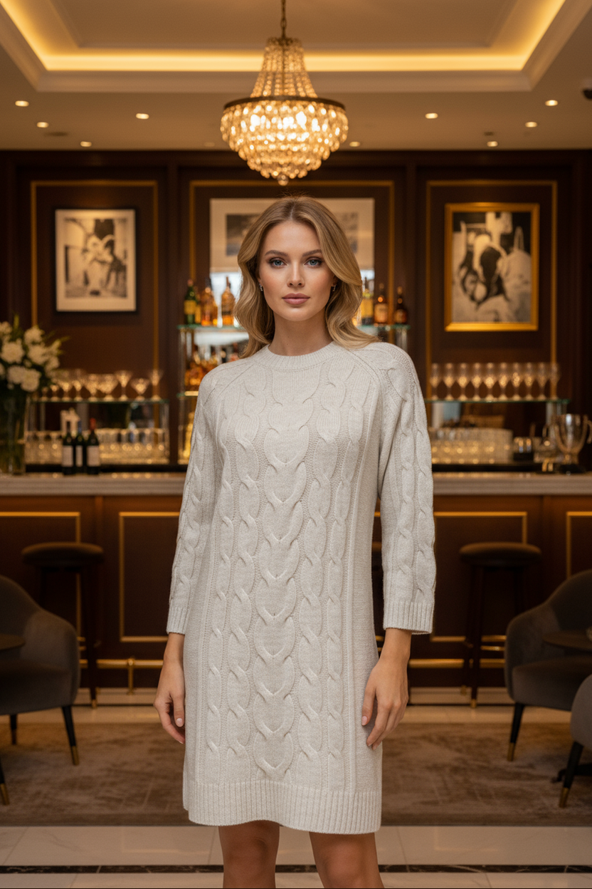 Long Sleeve Mini Sweater Dress in Beige