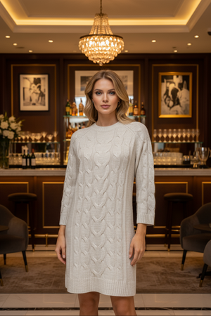 Long Sleeve Mini Sweater Dress in Beige