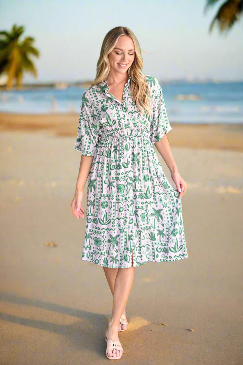 Short Sleeve Elasticated Waist Shirt Dress in Green Palm Print