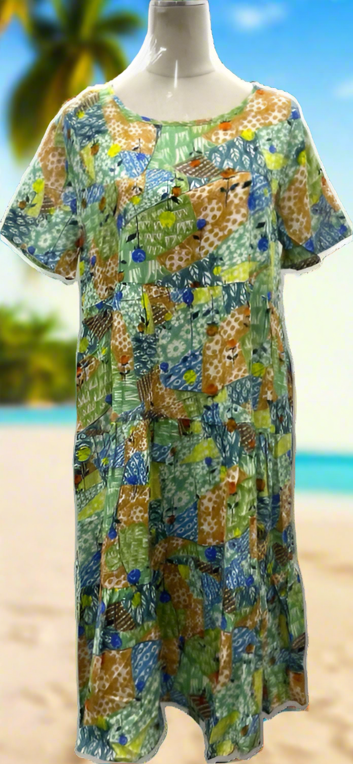 100% Cotton Tunic Dress in Green Floral Print