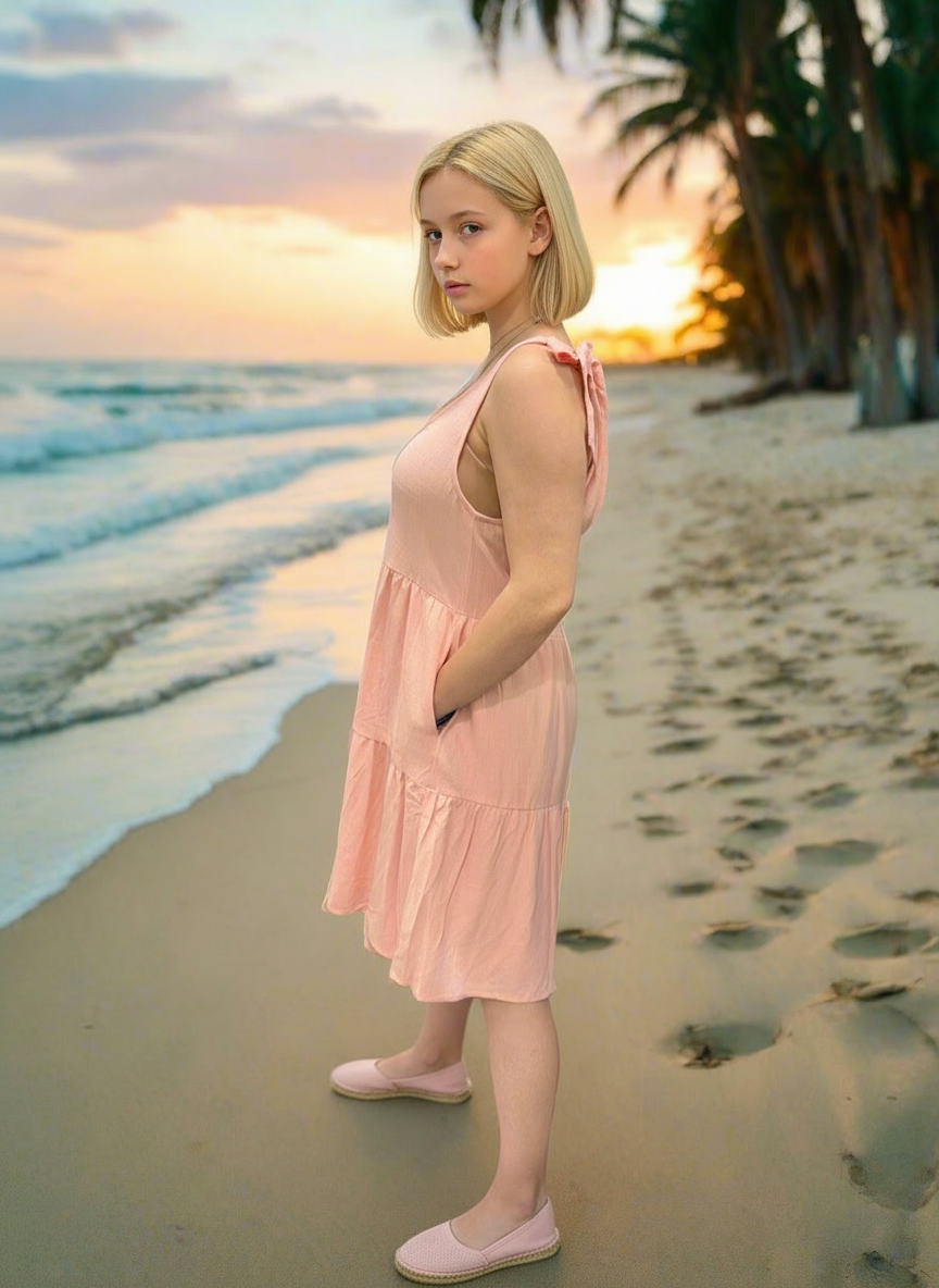 Woman in a pink dress standing on a beach with a dog at sunset