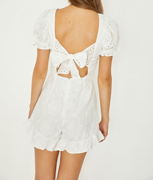 Cotton Peasent Eyelet Playsuit in White