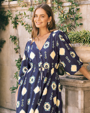 Long Sleeve Gypsy Maxi Dress in Navy Print