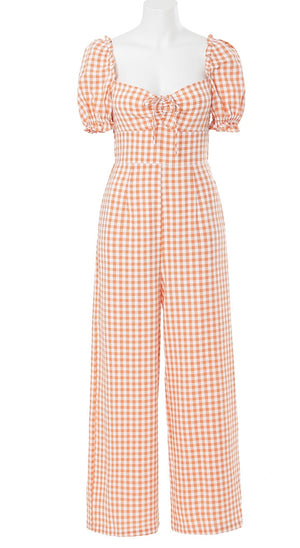 Peasant Jumpsuit with Pockets in Mandarin Check Print
