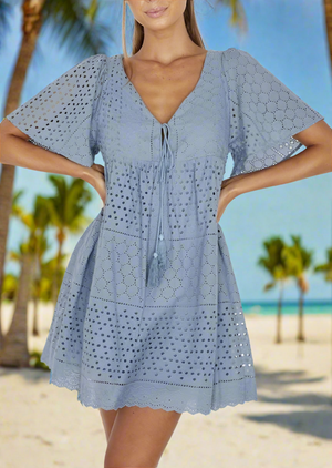 Short Sleeve Eyelet Baby Doll Dress in Steel Blue