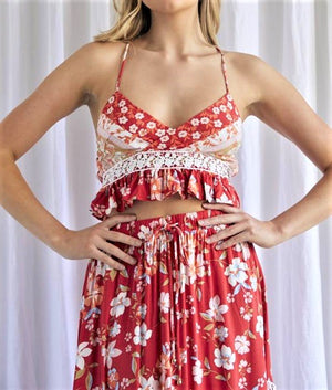 Midi Skirt & Top Set in Red Floral Print