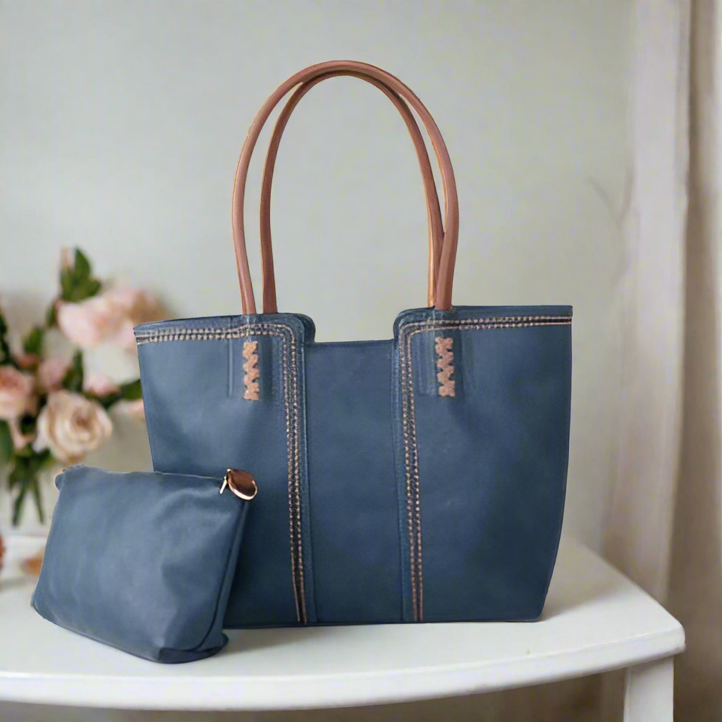 Large H Bag & Cosmetic Purse in Navy Blue