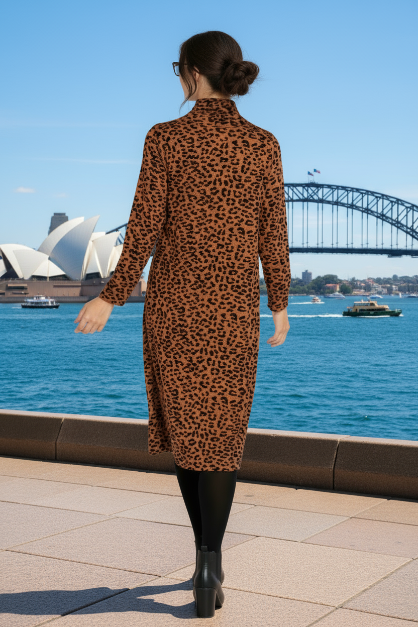 Long Sleeve Turtle Neck Dress in Brown Leopard