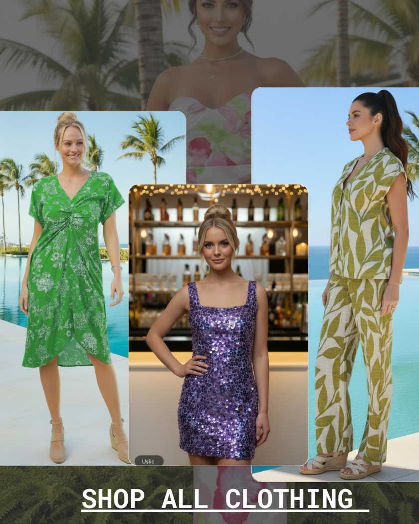 Collage of women wearing various outfits with a pool and palm trees in the background.