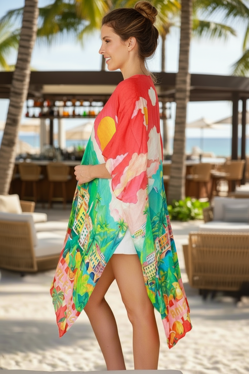 Woman wearing a colorful floral kimono on a beach with palm trees and a restaurant in the background.