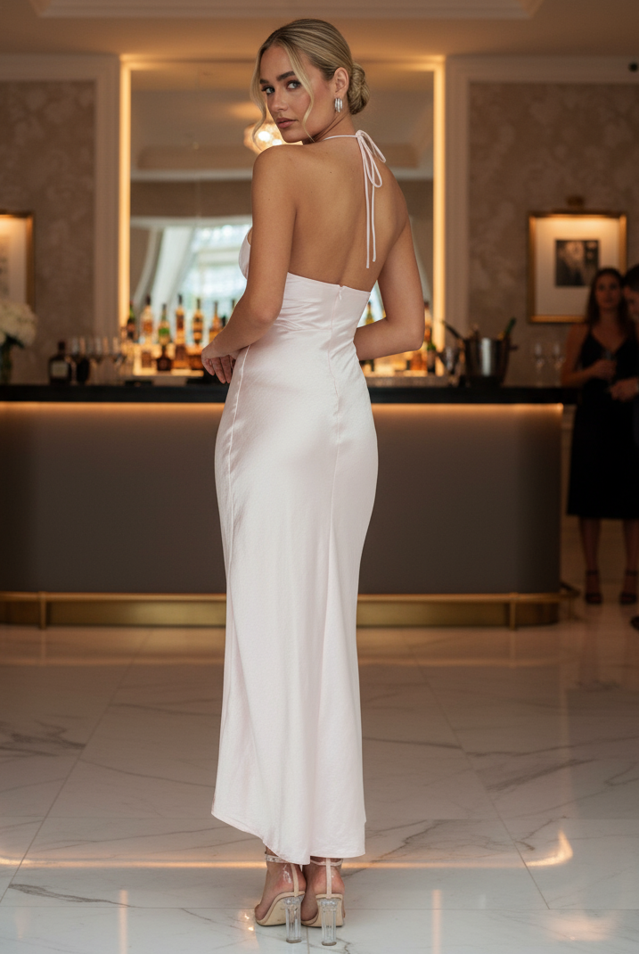 Woman in a white dress standing in a bar setting