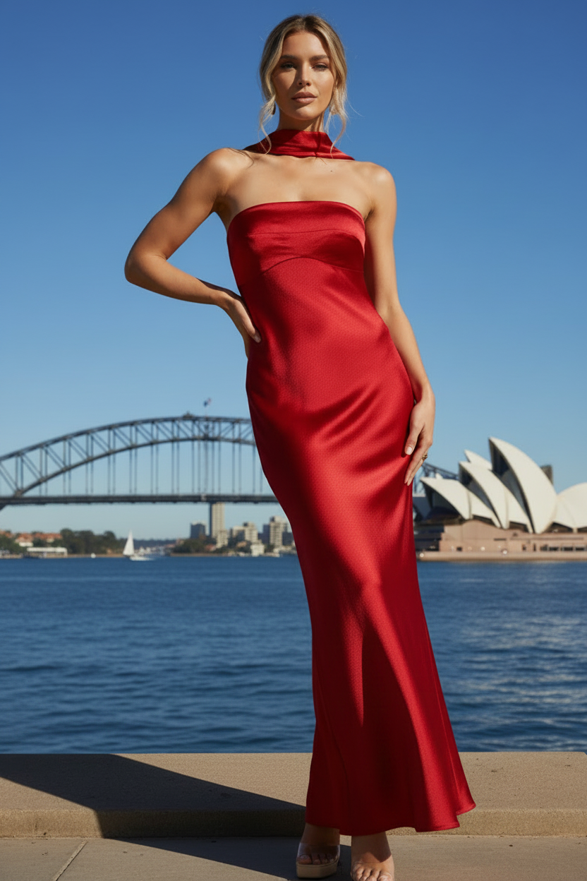 Woman in a red formal dress standing in satin