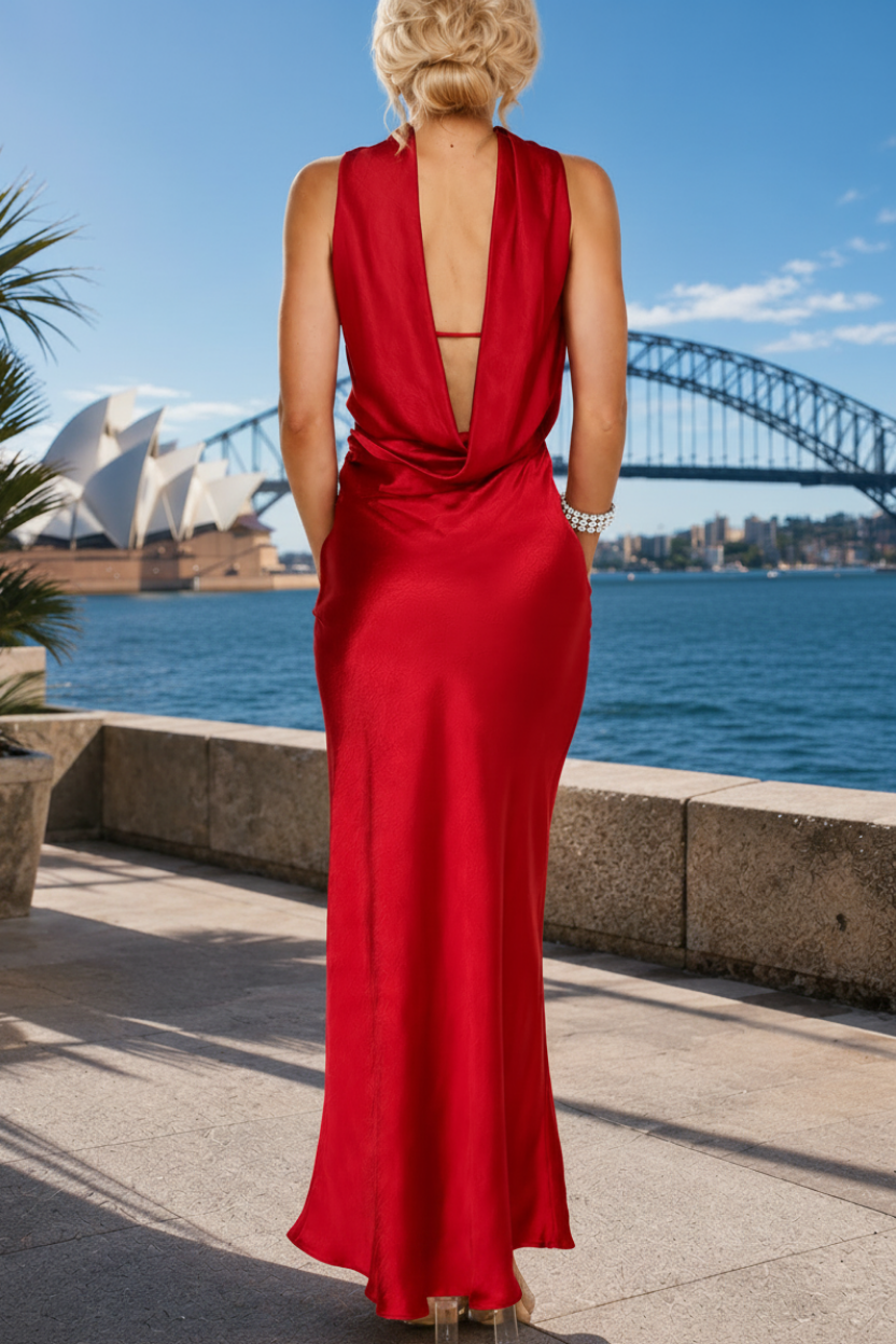 Woman in a red formal dress standing in satin
