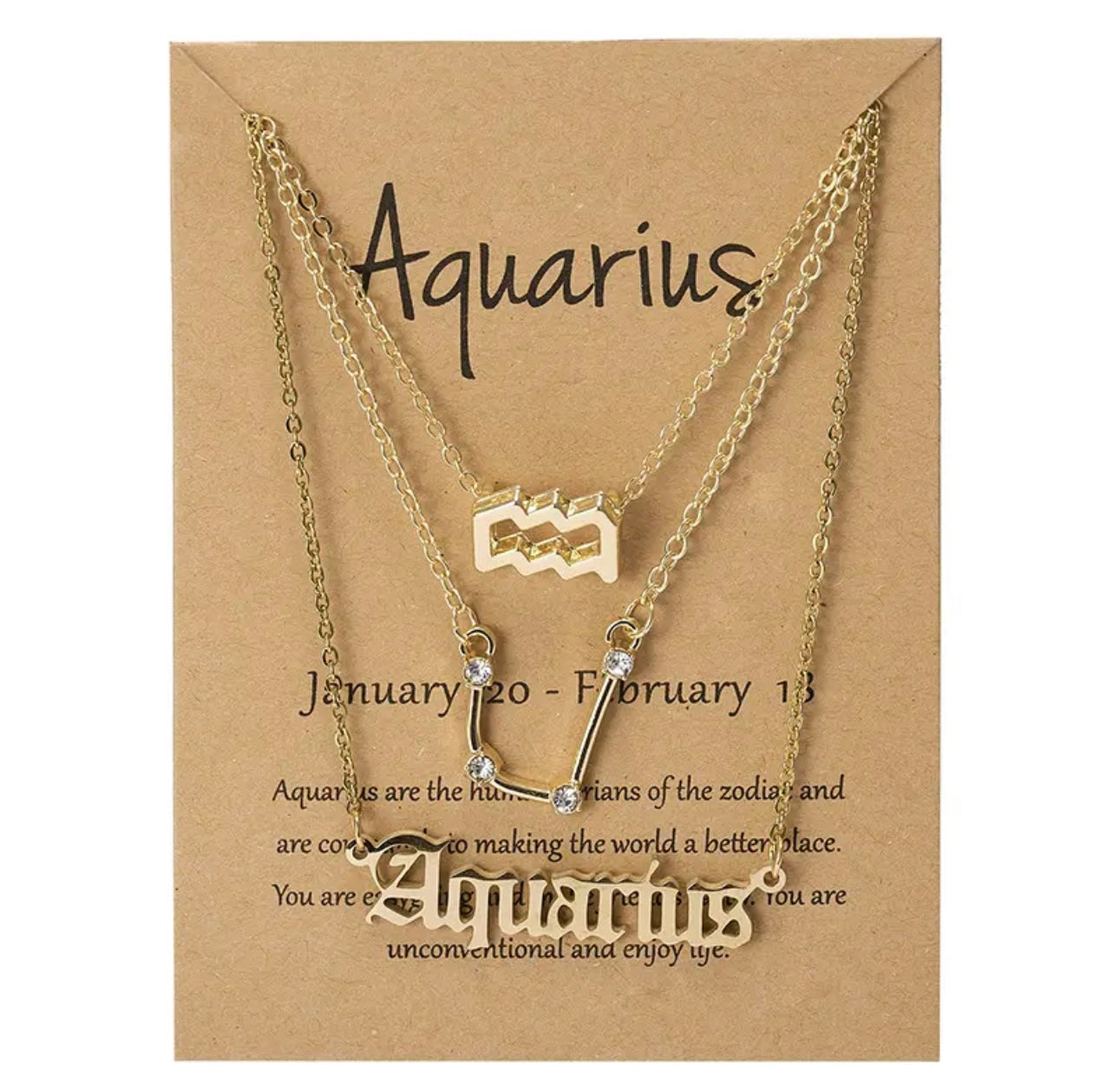 Aquarius Zodiac Necklace Triple Set Gold 