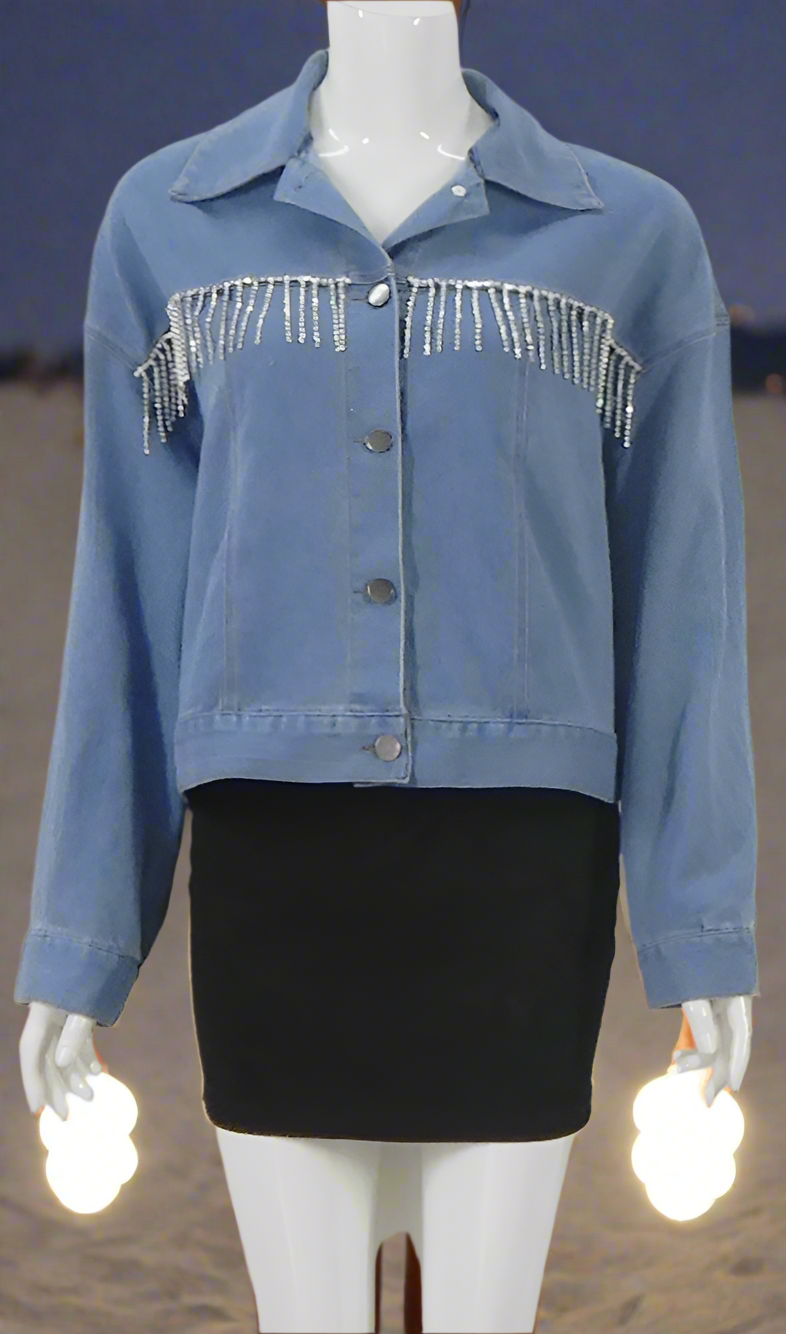 Oversized Cropped Denim Jacket with Diamonte Tassel Feature