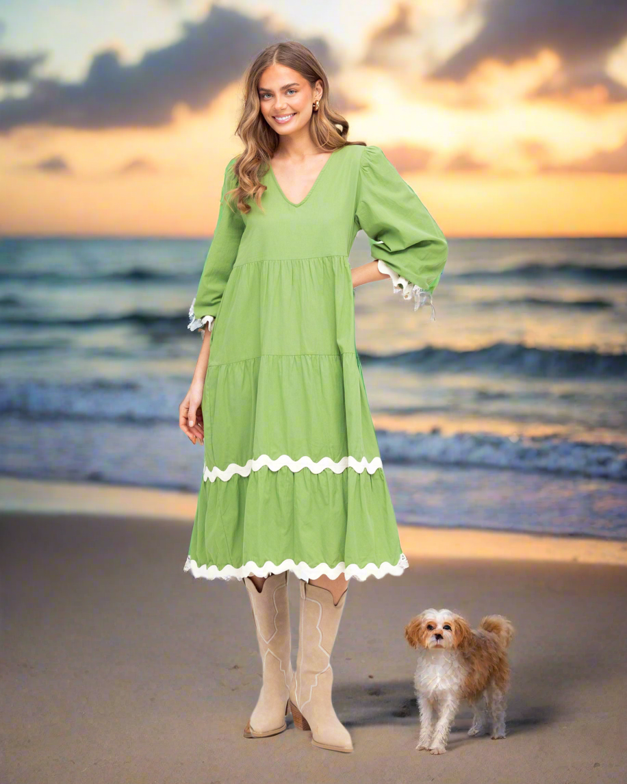 Long Sleeve 100% Cotton Maxi Dress in Green