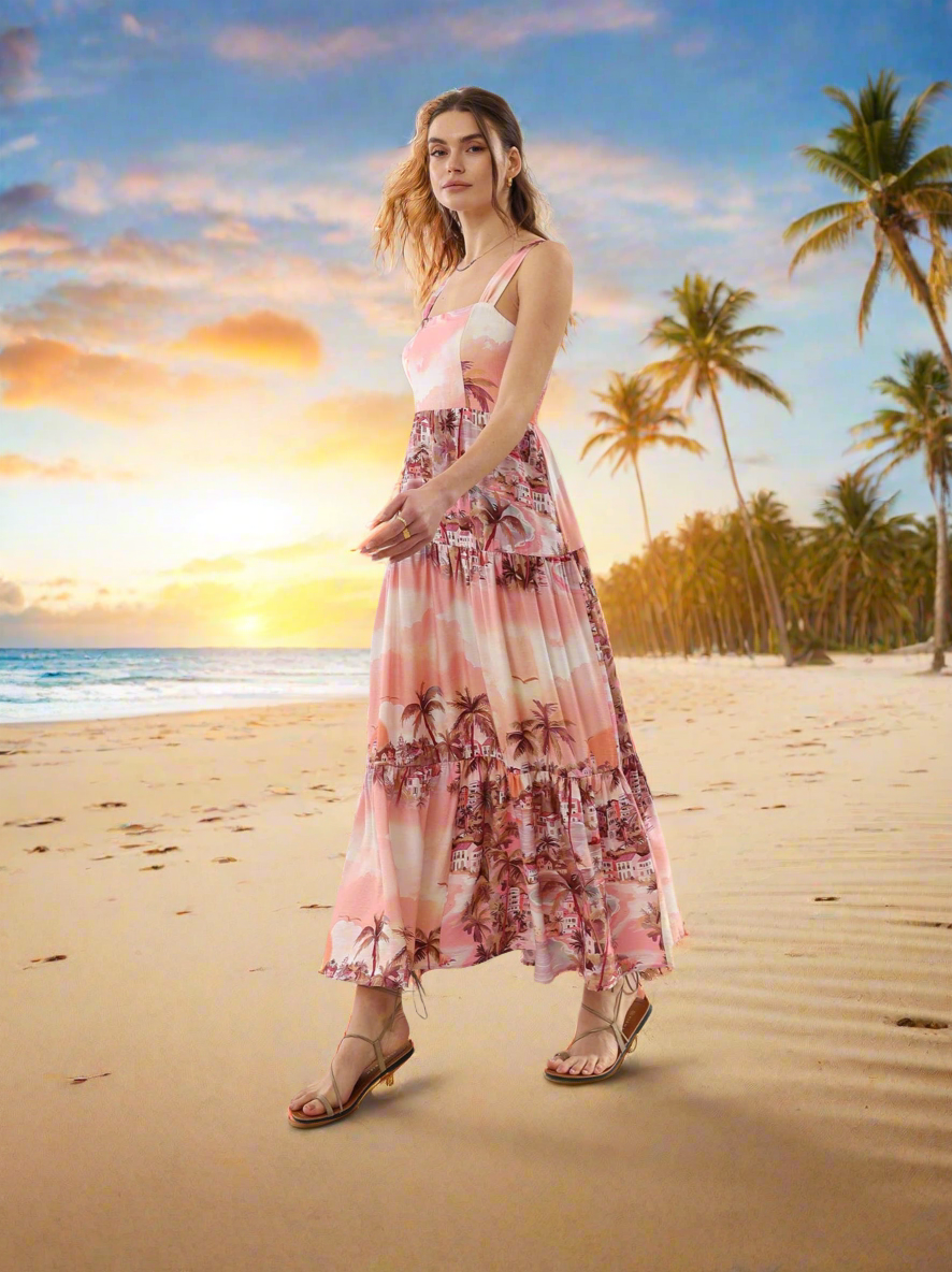 Baby Doll Maxi Dress in Pink Tropical Print