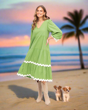 Long Sleeve 100% Cotton Maxi Dress in Green