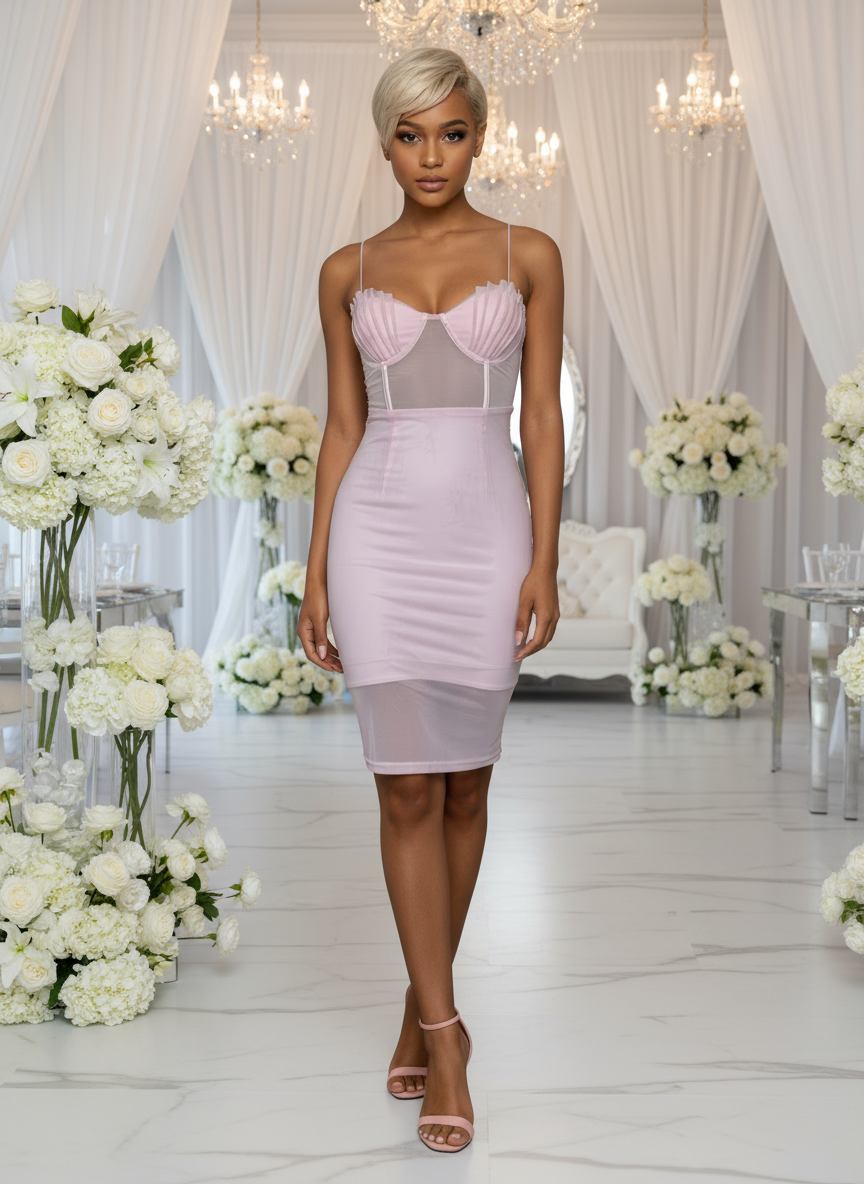 Corset Bodycon Mini Party Dress in Pink Mesh