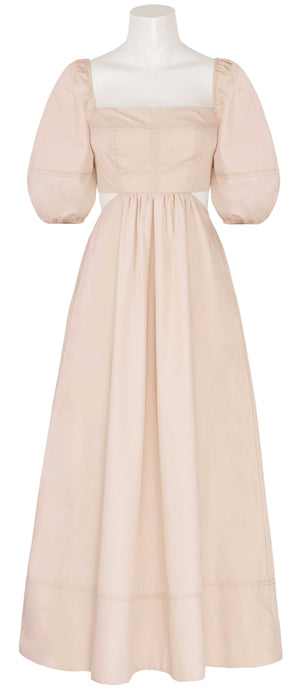 Short Sleeve Square Neck Maxi Cutout Dress in Beige