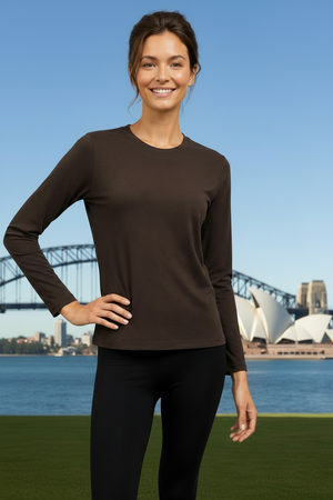 Woman wearing a super soft brown long-sleeve top