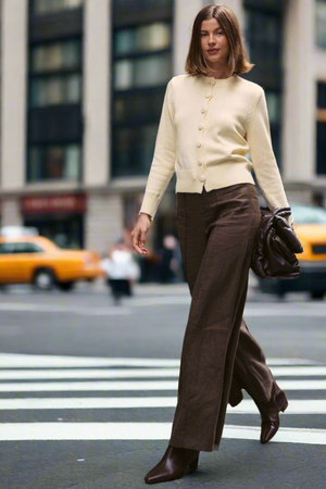 Woman in a cream sweater and brown pants walking on a city street with taxis in the background.