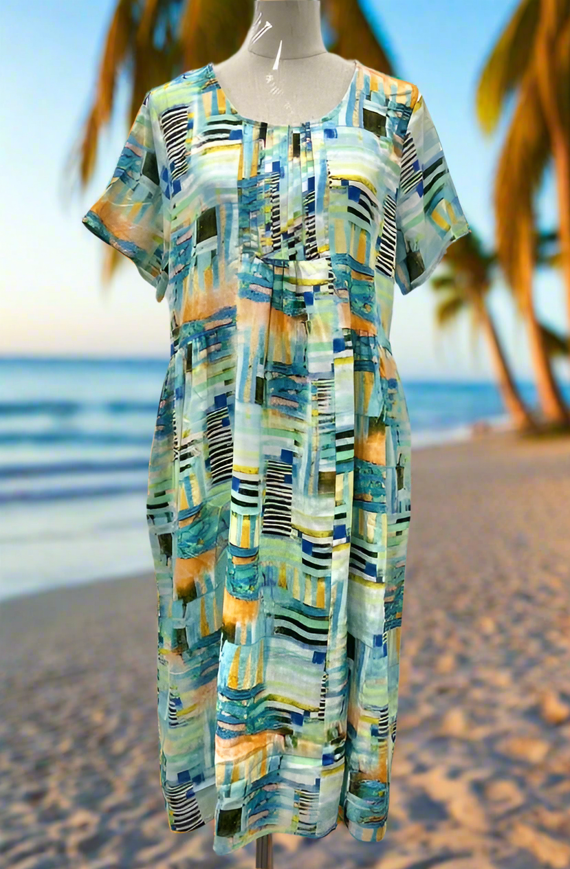 100% Cotton Tunic Dress in Turquoise Geo Print