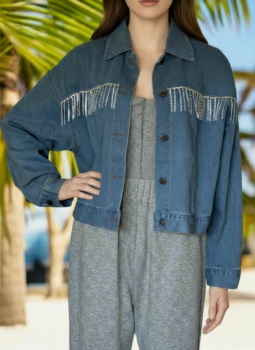 Oversized Cropped Denim Jacket with Diamonte Tassel Feature