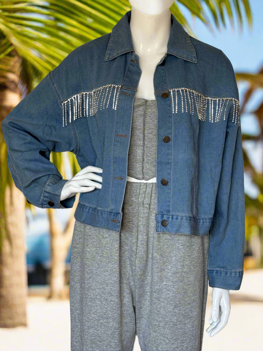 Oversized Cropped Denim Jacket with Diamonte Tassel Feature