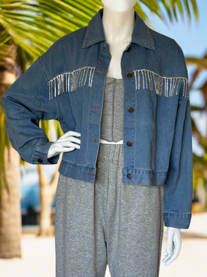 Oversized Cropped Denim Jacket with Diamonte Tassel Feature