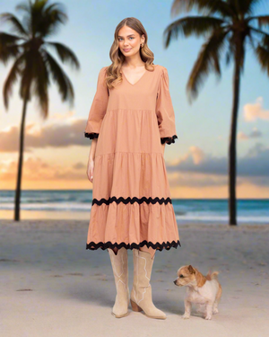 Long Sleeve 100% Cotton Maxi Dress in Brown