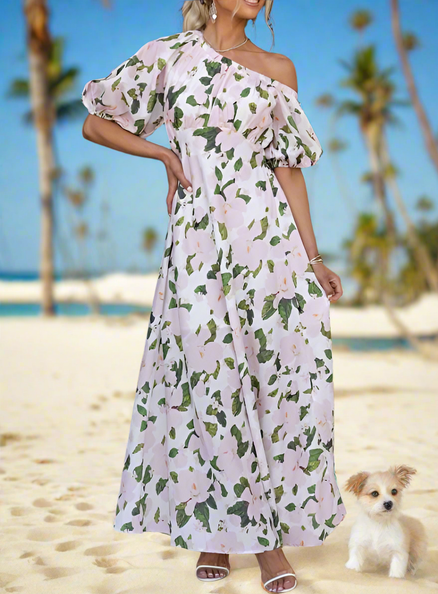 Pink Floral One Off-Shoulder Maxi Formal Dress