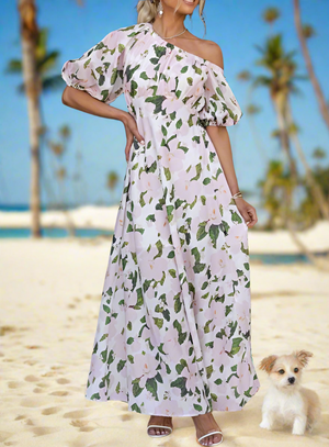 Pink Floral One Off-Shoulder Maxi Formal Dress