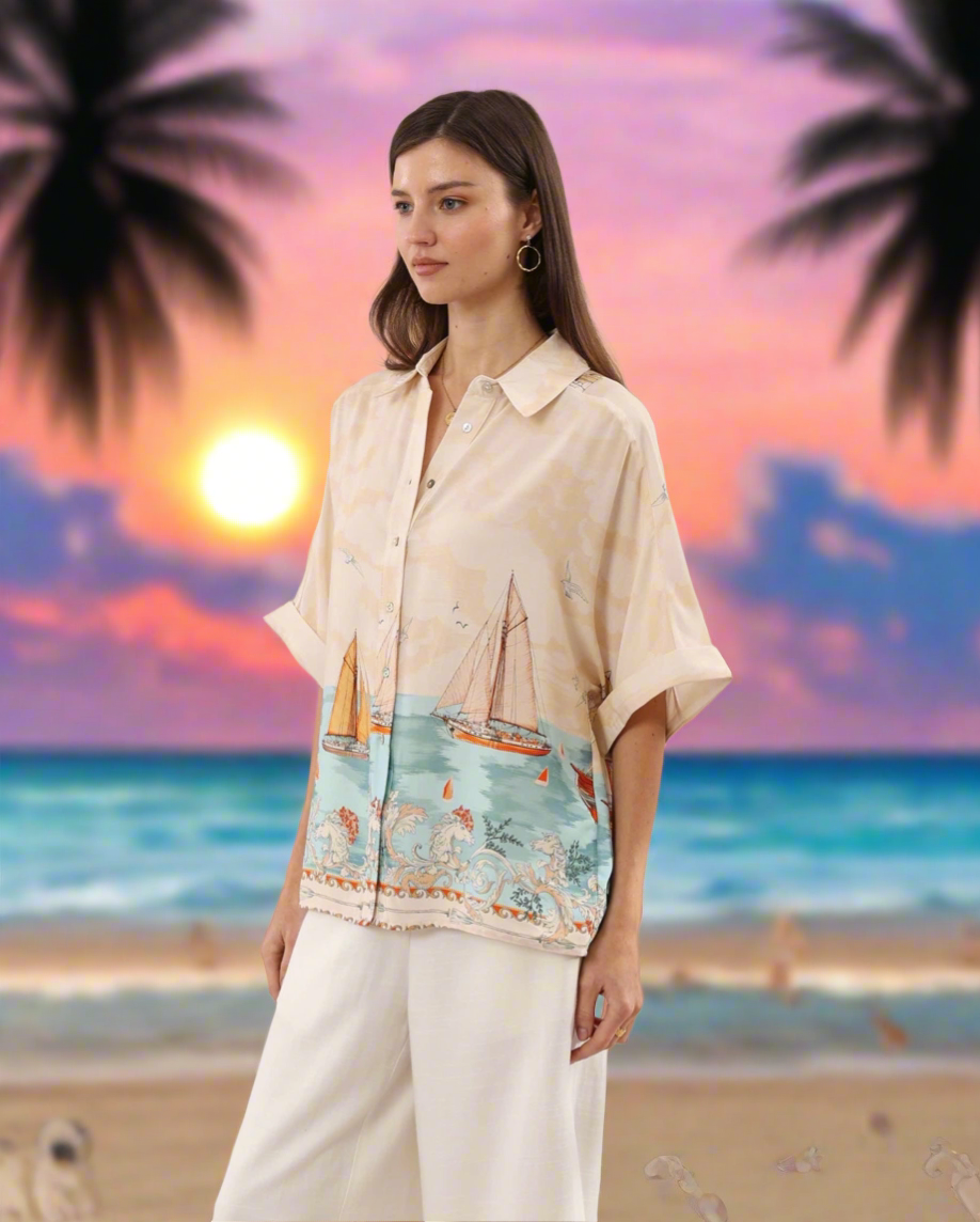 Oversized Button Down Blouse in Horses & Resort Print