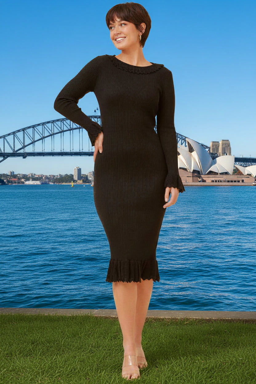 Ellie Ribbed Knit Ruffle Midi Dress