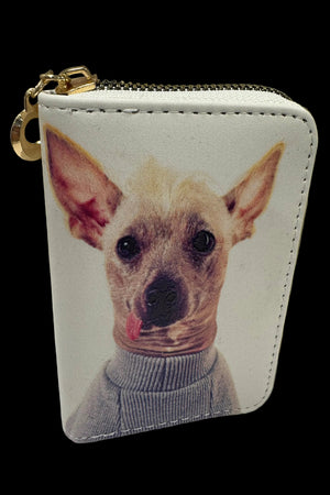 Small zipper wallet with a dog's face printed on it against a white background