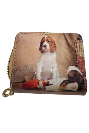 Small wallet with a dog design on a beige background