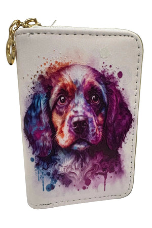 Small zipper waller with a colourful dog illustration on a white background