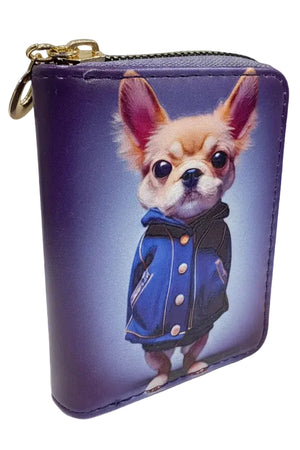 Purple wallet with a dog in a coat design