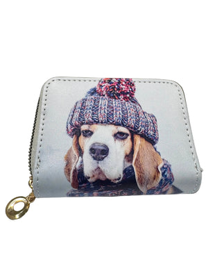 Small wallet with a dog wearing a knitted hat design on a white background