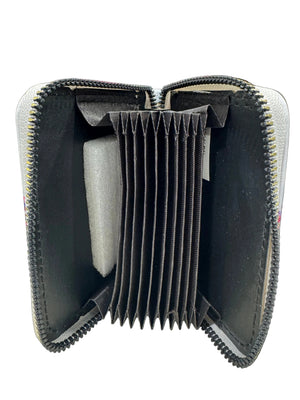 zipper card wallet with card slot interior on a black background