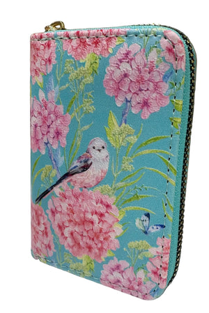 Floral-patterned wallet with a bird design on turquoise 