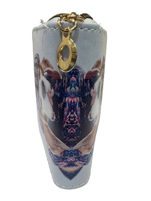 Small pouch with a gold pendant featuring a colorful abstract design on a white background