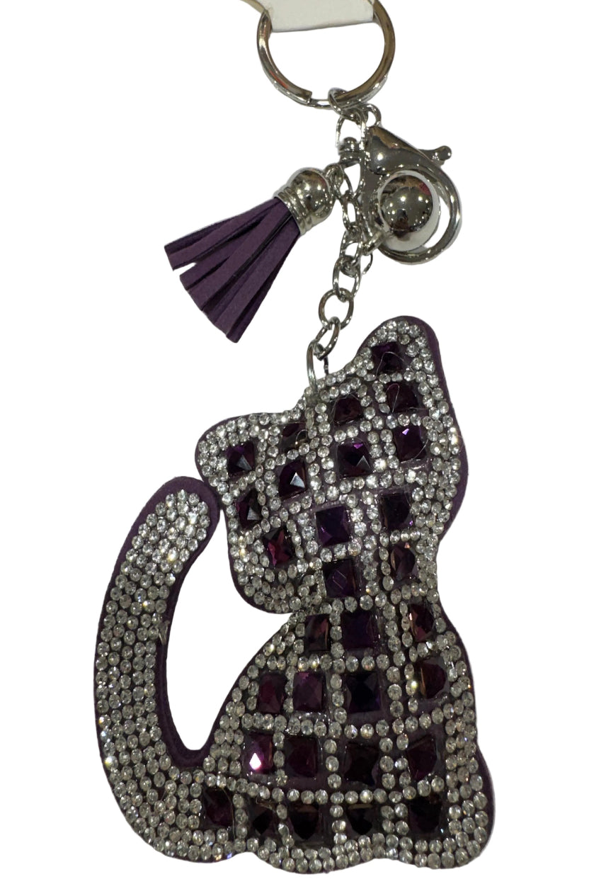 Cat-shaped keychain with purple Rhinestone accents 