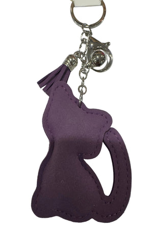 Purple cat-shaped keychain with a tassel, back view